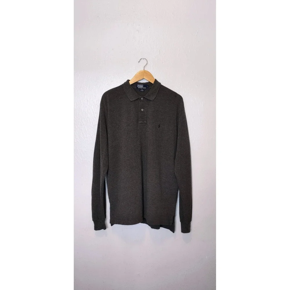 Polo Ralph Lauren Men's Long Sleeve Grey Polo with Maroon Embroiderd Polo Pony